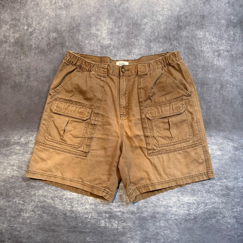 VTG Croft & Barrow Mens Brown Cotton Cargo Shorts 36 Elastic Waist Faded